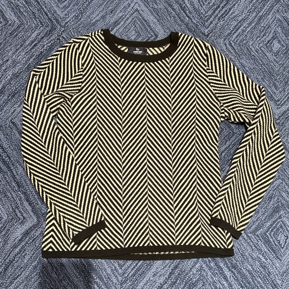 Lands End 100% Cashmere sweater Black and White Herringbone